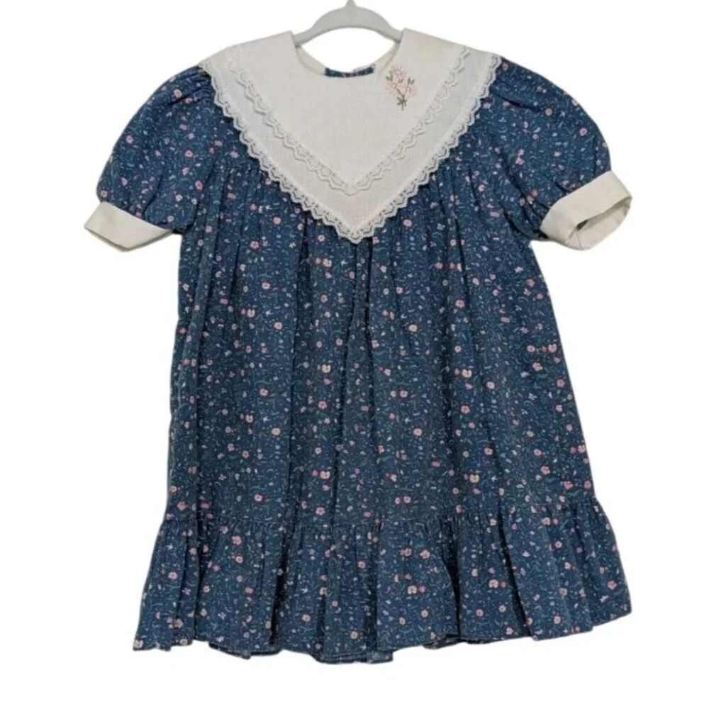 Vintage Winnie the Pooh Brand Floral Dress Girls Size 5 Blue Short Sleeve